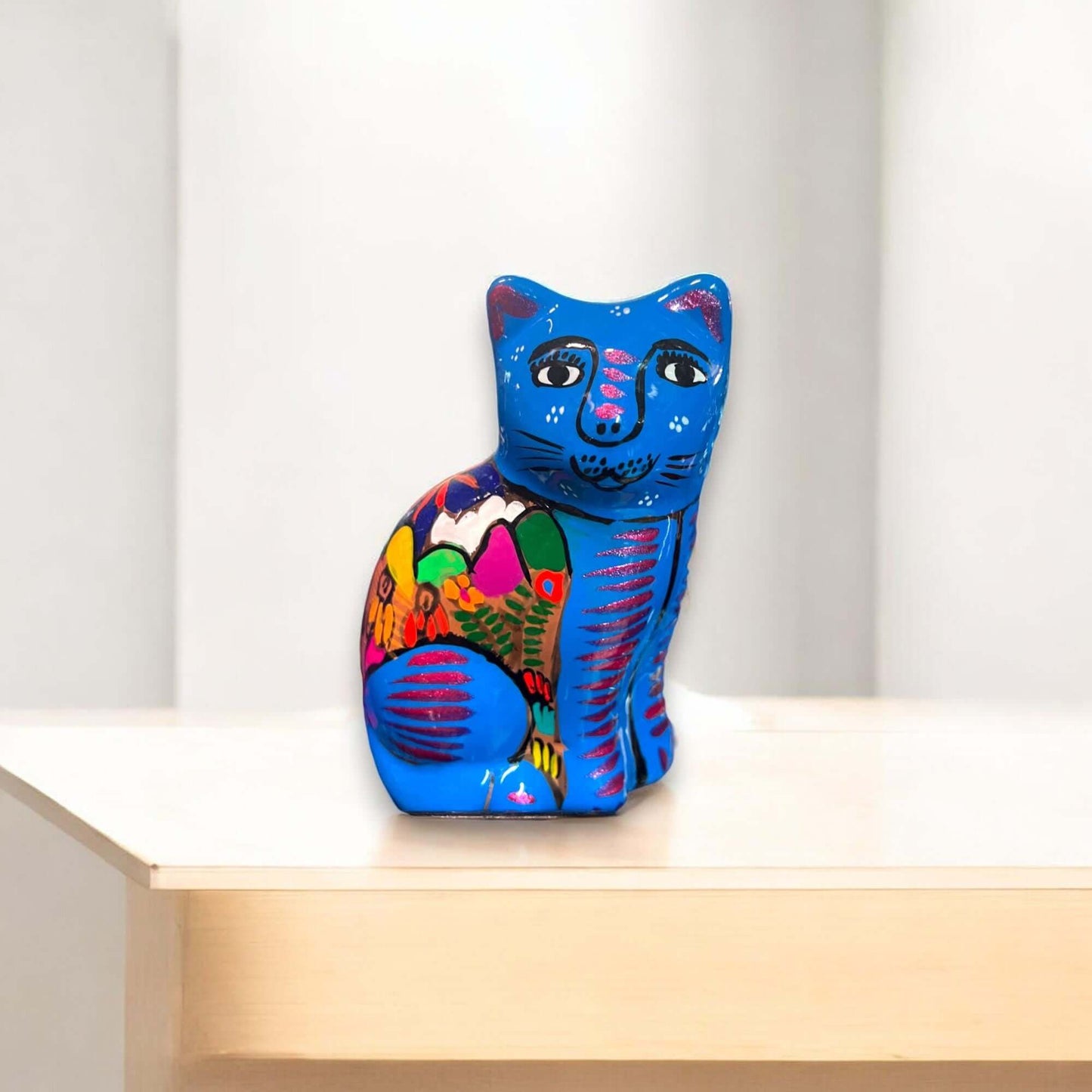 Hand-Painted Guerrero Cat | Colorful Mexican Gato Statue (Medium Size) - vibrant hand-painted blue Guerrero pottery cat statue