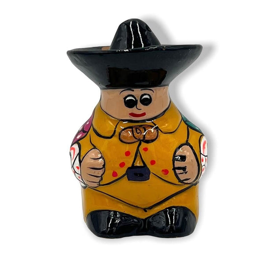 Set of 2 Guerrero Salt and Pepper Shakers | Hand-Painted Couple - single yellow-guerrero artisan shaker with black sombrero, hand-painted kiln-fired glaze