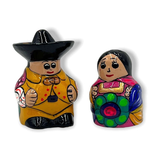 Set of 2 Guerrero Salt and Pepper Shakers | Hand-Painted Couple - hand-painted Talavera-style male and female figurine shakers from Guerrero, Mexico