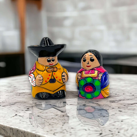 Set of 2 Guerrero Salt and Pepper Shakers | Hand-Painted Couple - vibrant hand-painted Guerrero pottery couple salt and pepper shakers