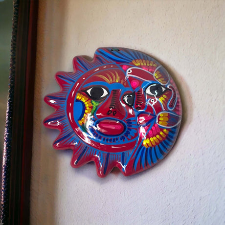 Hand-Painted Guerrero Sun Moon Eclipse Art | Mexican Artisan Craft - vibrant hand-painted Guerrero sun and moon wall plate, kiln-fired lead-free glaze
