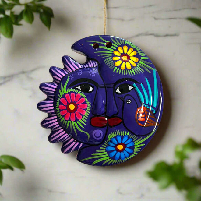 Guerrero Sun Moon Wall Art | Hand-Painted Mexican Eclipse Decor - hand-painted purple talavera sun and moon with colorful florals and tropical bird
