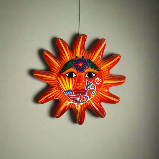 Hand-Painted Guerrero Sun Wall Art | Mexican Folk Decor - hand-painted Talavera sun with bold blues and radiant reds