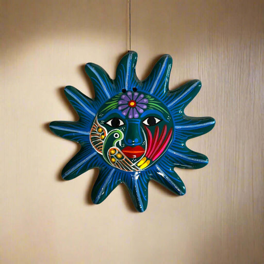 Hand-Painted Guerrero Sun Wall Art | Mexican Folk Decor vibrant blue hand-painted sun with colorful face, handcrafted Talavera-style wall decor
