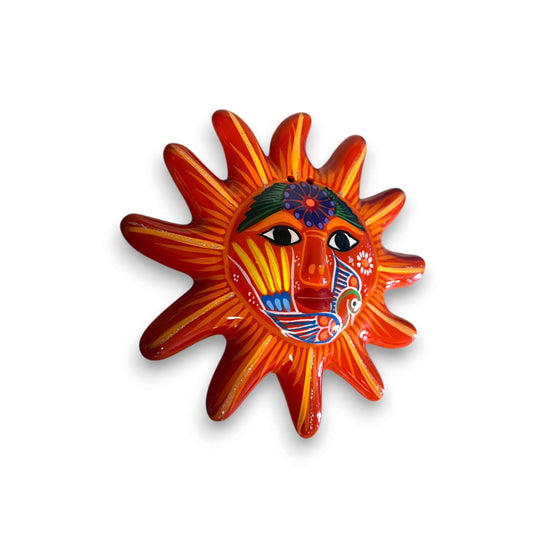 Hand-Painted Guerrero Sun Wall Art | Mexican Folk Decor - vibrant hand-painted talavera sun with bold blues and radiant reds, kiln-fired lead-free glaze