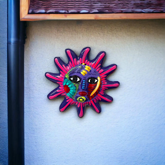 Hand-Painted Guerrero Sun Wall Art | Mexican Folk Decor - vibrant hand-painted ceramic sun with blue, red and multicolor rays