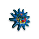 Hand-Painted Guerrero Sun Wall Art | Mexican Folk Decor - vibrant hand-painted blue ceramic sun with painted bird and floral details