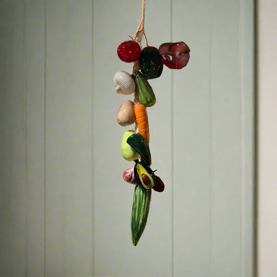 Mexican Fruit Ristra | Hand-Painted Hanging Kitchen Wall Art — vibrant hand-painted ceramic fruit ristra with peppers, carrot, avocado and more, kiln-fired