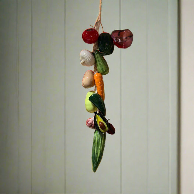 Mexican Fruit Ristra | Hand-Painted Hanging Kitchen Wall Art — vibrant hand-painted ceramic fruit ristra with peppers, carrot, avocado and more, kiln-fired