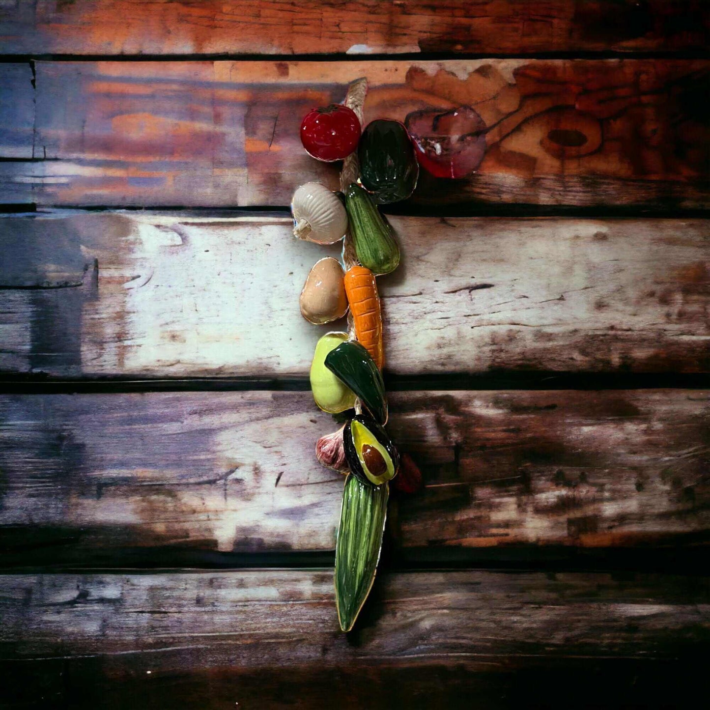 Mexican Fruit Ristra | Hand-Painted Hanging Kitchen Wall Art - hand-painted ceramic fruit ristra with peppers, banana, orange hung on rustic wood