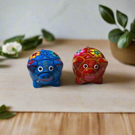 Set of 2 Pig Salt and Pepper Shakers | Hand-Painted Mexican Pottery - hand-painted blue and red floral pig shakers, Talavera-style, kiln-fired lead-free glaze