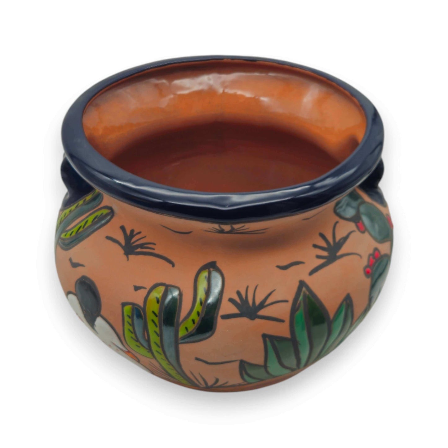 Mexican Talavera Terracotta Planter | Hand-Painted Desert Pot - hand-painted terracotta planter with sunburst and cactus motifs