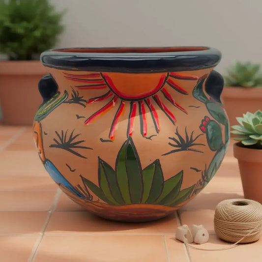 Mexican Talavera Terracotta Planter | Hand-Painted Desert Pot - hand-painted terracotta planter with sunburst and cactus motifs