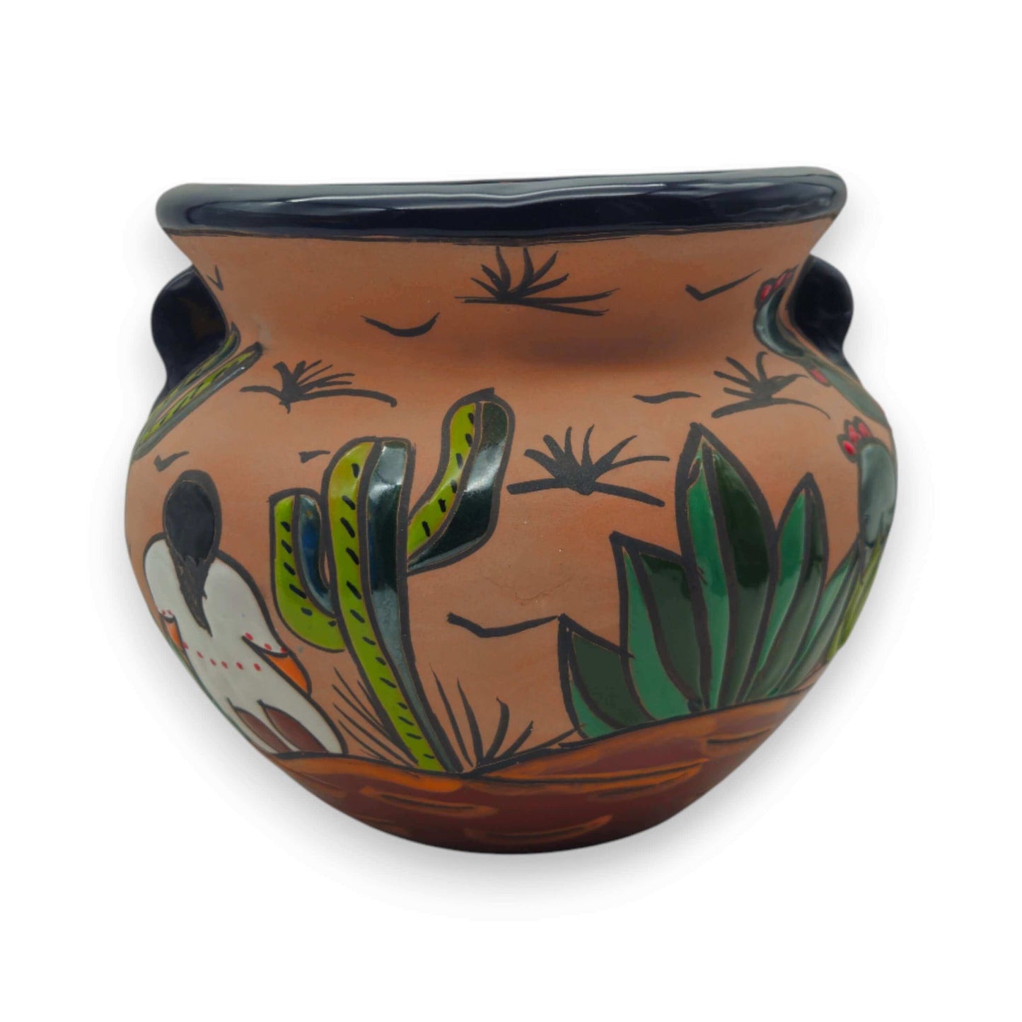 Mexican Talavera Terracotta Planter | Hand-Painted Desert Pot with cactus and sunburst motifs, handcrafted terracotta planter