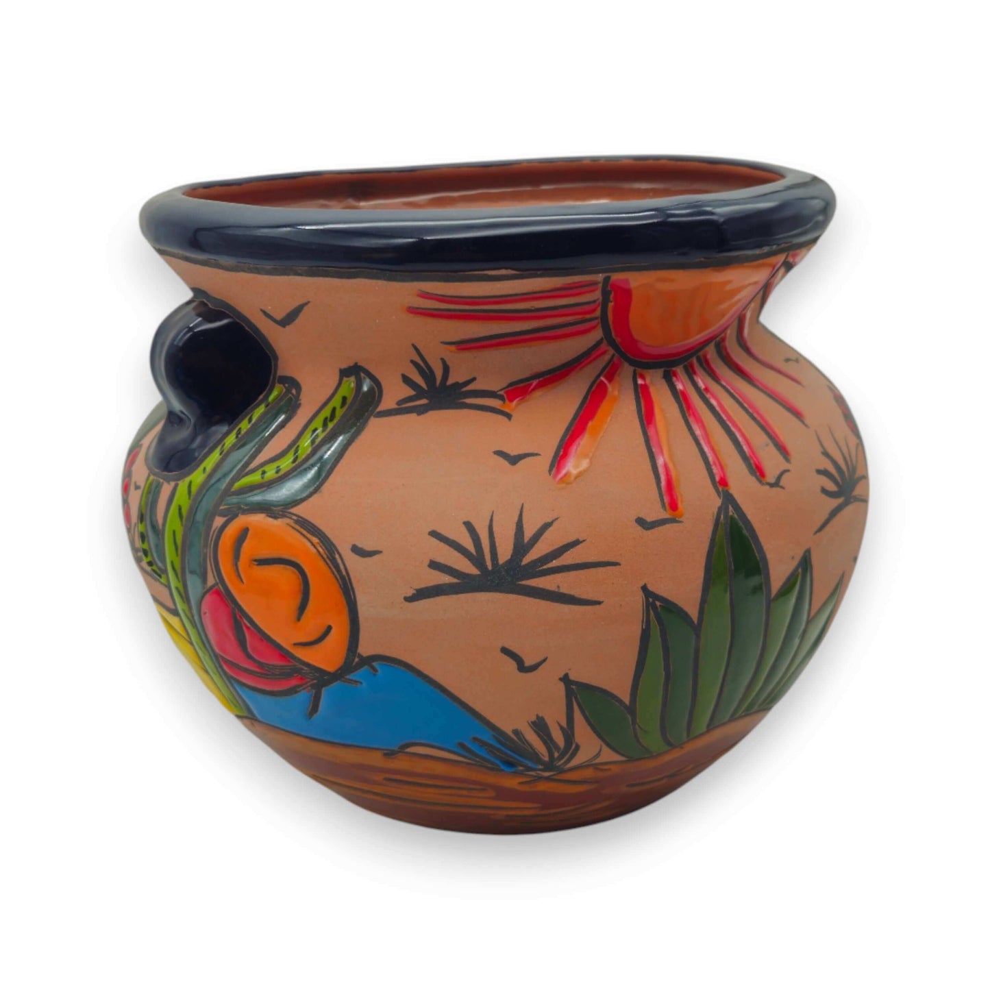 Mexican Talavera Terracotta Planter | Hand-Painted Desert Pot - hand-painted sunburst and cactus terracotta flower pot