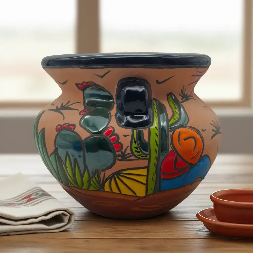 Mexican Talavera Terracotta Planter | Hand-Painted Desert Pot hand-painted terracotta planter with cacti and sunburst motifs