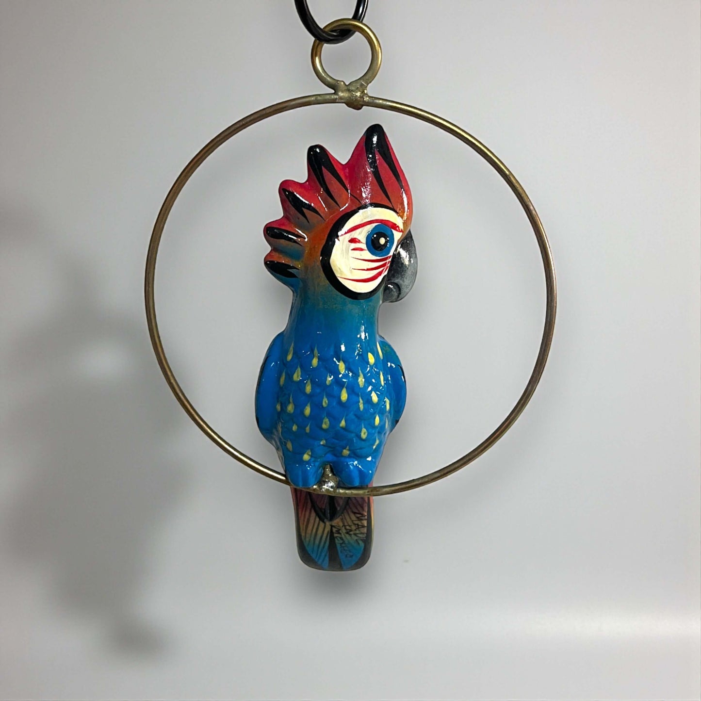Mini Talavera Hanging Cockatoo | Hand-Painted Mexican Decor - petite blue, red & gold hand-painted ceramic cockatoo hanging from brass-colored ring