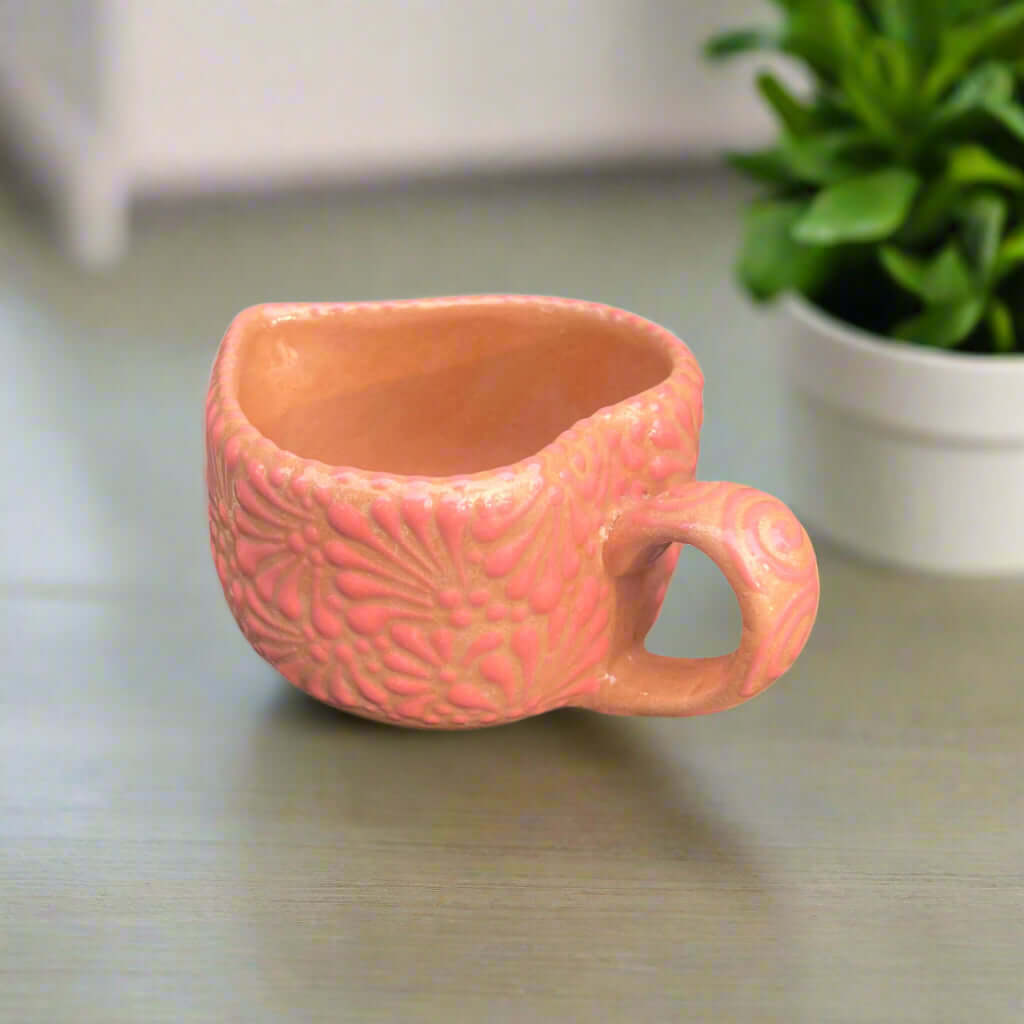 Talavera Heart Mug | Hand-Painted Pink Mexican Coffee Cup - hand-painted pink Talavera ceramic heart-shaped coffee cup with floral relief pattern