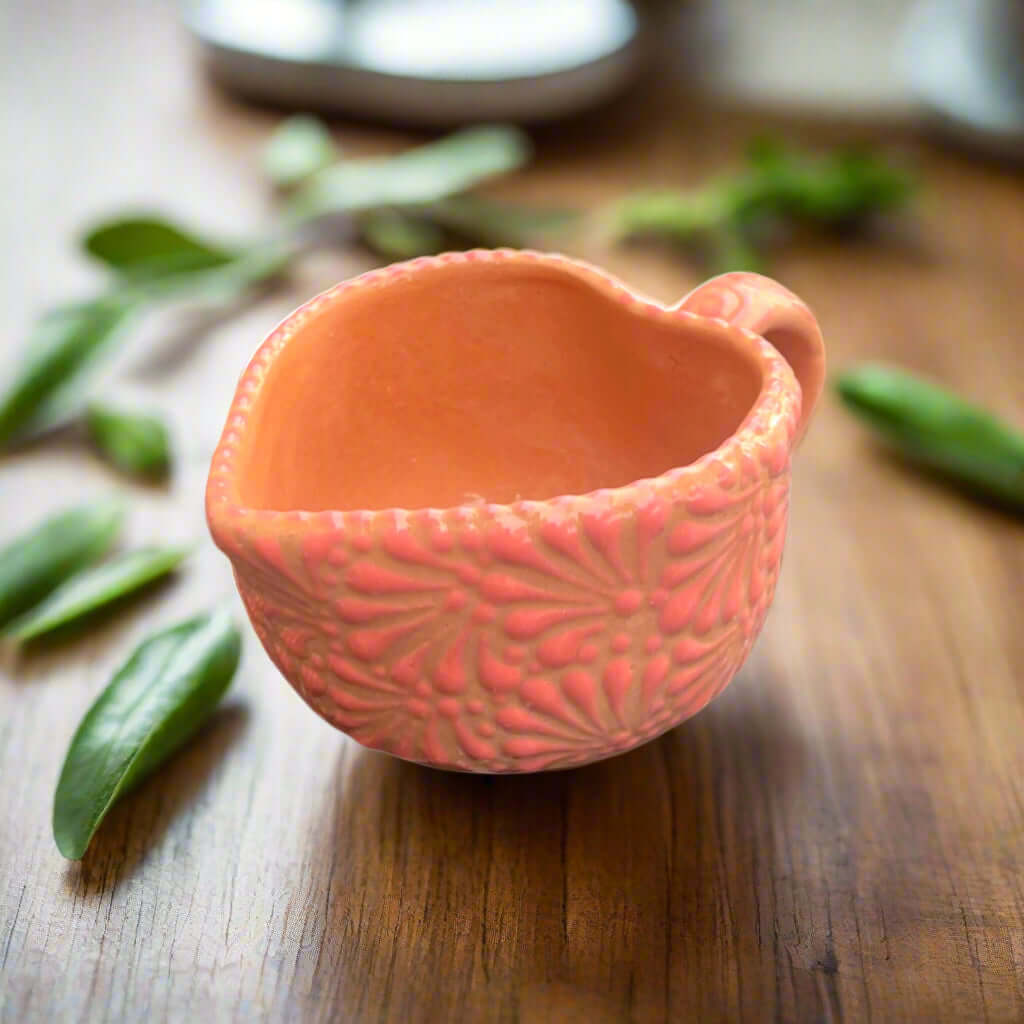 Talavera Heart Mug | Hand-Painted Pink Mexican Coffee Cup - hand-painted pink heart-shaped Talavera coffee cup with floral relief pattern