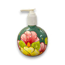 Round Talavera Soap Dispenser | Hand-Painted Ceramic Bottle - round green ceramic bottle with vibrant hand-painted red yellow floral motifs and clear pump