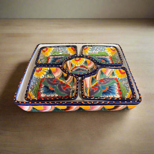 Square Talavera Appetizer Tray | Hand-Painted Mexican Serving Dish - hand-painted square Talavera tray with five sections, vibrant floral patterns, lead-free glaze