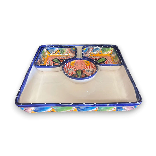 Square Talavera Appetizer Tray | Hand-Painted Mexican Serving Dish - hand-painted square Talavera tray with five compartments