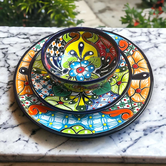 Talavera Dinnerware Set | 43-Piece Floral Tableware for 8 - hand-painted colorful nested plates and bowl on marble, handcrafted in Guanajuato