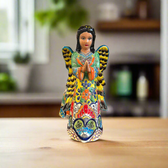 Talavera Angel Statue | Hand-Painted Mexican Ceramic Figurine hand-painted floral ceramic angel with yellow, red, green and blue Talavera patterns
