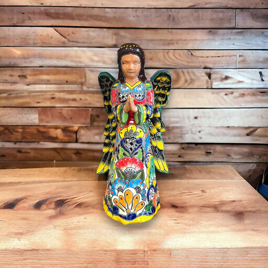 Talavera Angel Statue | Hand-Painted Mexican Ceramic Figurine with vibrant yellow, red, green and blue floral patterns, handcrafted in Guanajuato