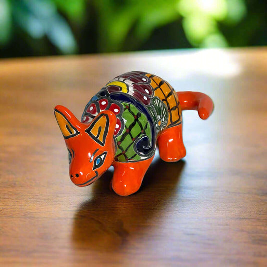 Talavera Armadillo Figurine | Hand-Painted Mexican Decor hand-painted orange ceramic armadillo with colorful Talavera patterns