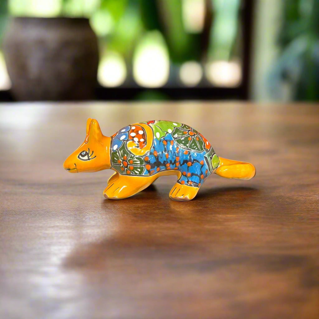 Talavera Armadillo Figurine | Hand-Painted Mexican Decor small hand-painted orange Talavera armadillo with multicolor floral patterns
