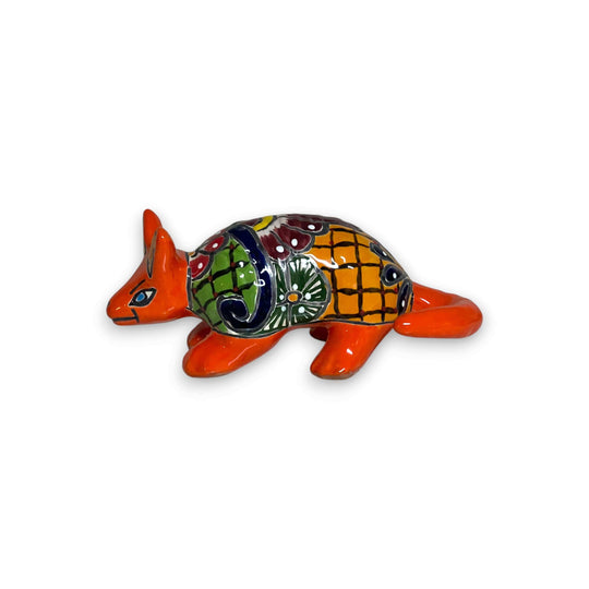 Talavera Armadillo Figurine | Hand-Painted Mexican Decor - bright orange hand-painted Talavera armadillo from Guanajuato, kiln-fired lead-free glaze