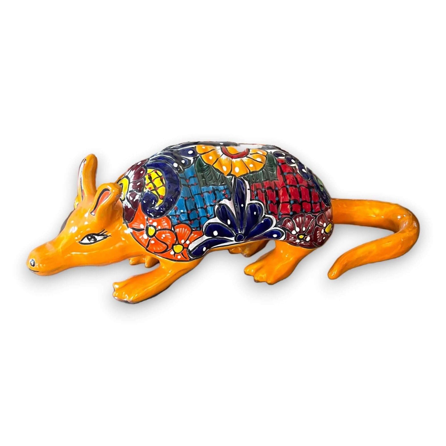 Talavera Armadillo Statue | Hand-Painted Mexican Folk Art Animal - multicolor hand-painted Talavera armadillo with mosaic floral design