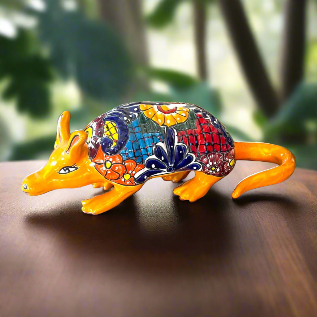 Talavera Armadillo Statue | Hand-Painted Mexican Folk Art Animal - colorful hand-painted Talavera armadillo figurine from Guanajuato, Mexico