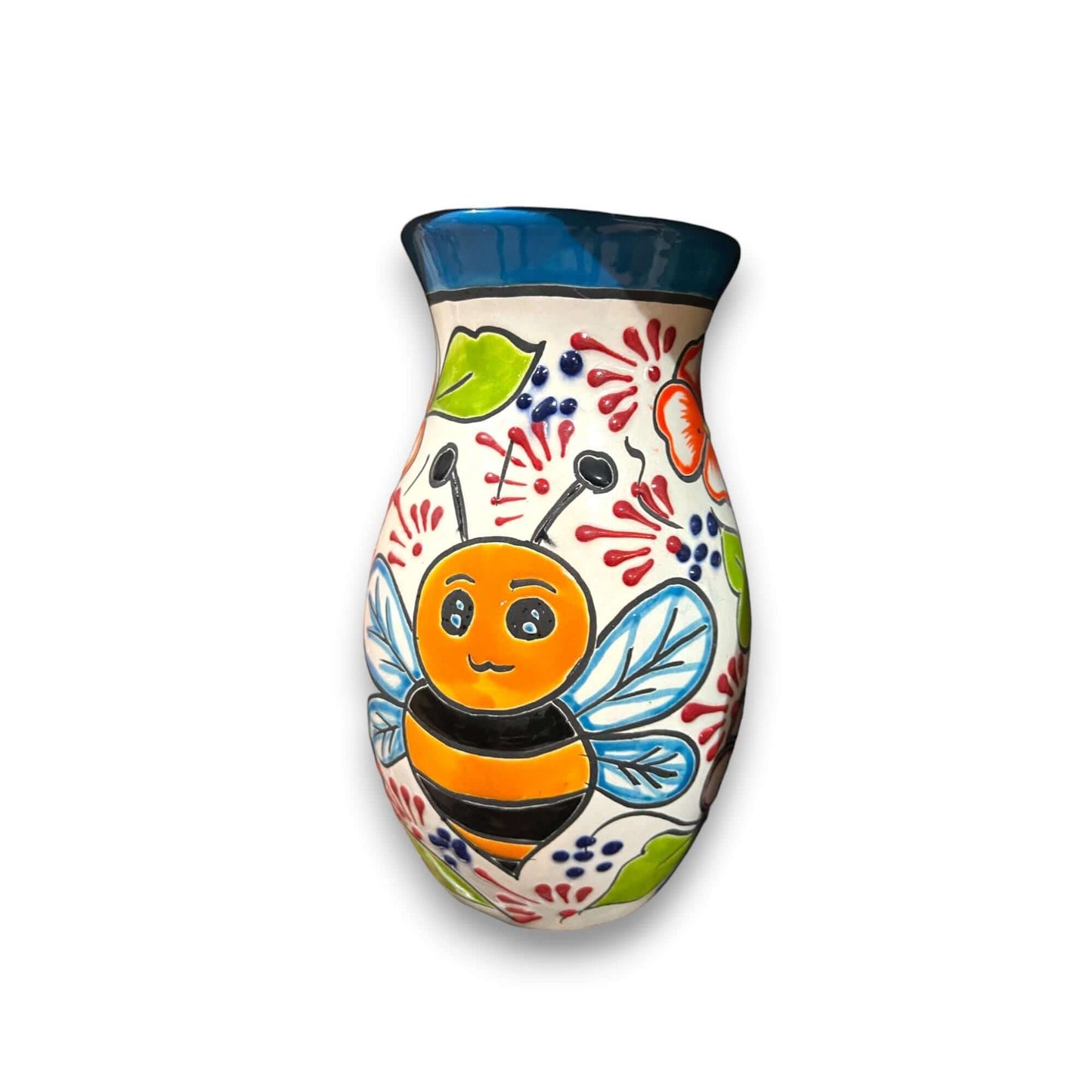 Talavera Vase with Bumble Bee Art | Hand-Painted Mexican Pottery - hand-painted Talavera vase with cheerful bumble bee and floral design