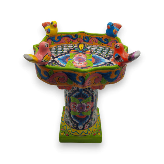 Colorful Talavera Bird Bath | Hand-Painted Ceramic Garden Art with vibrant floral motifs, perched painted birds and green scalloped rim