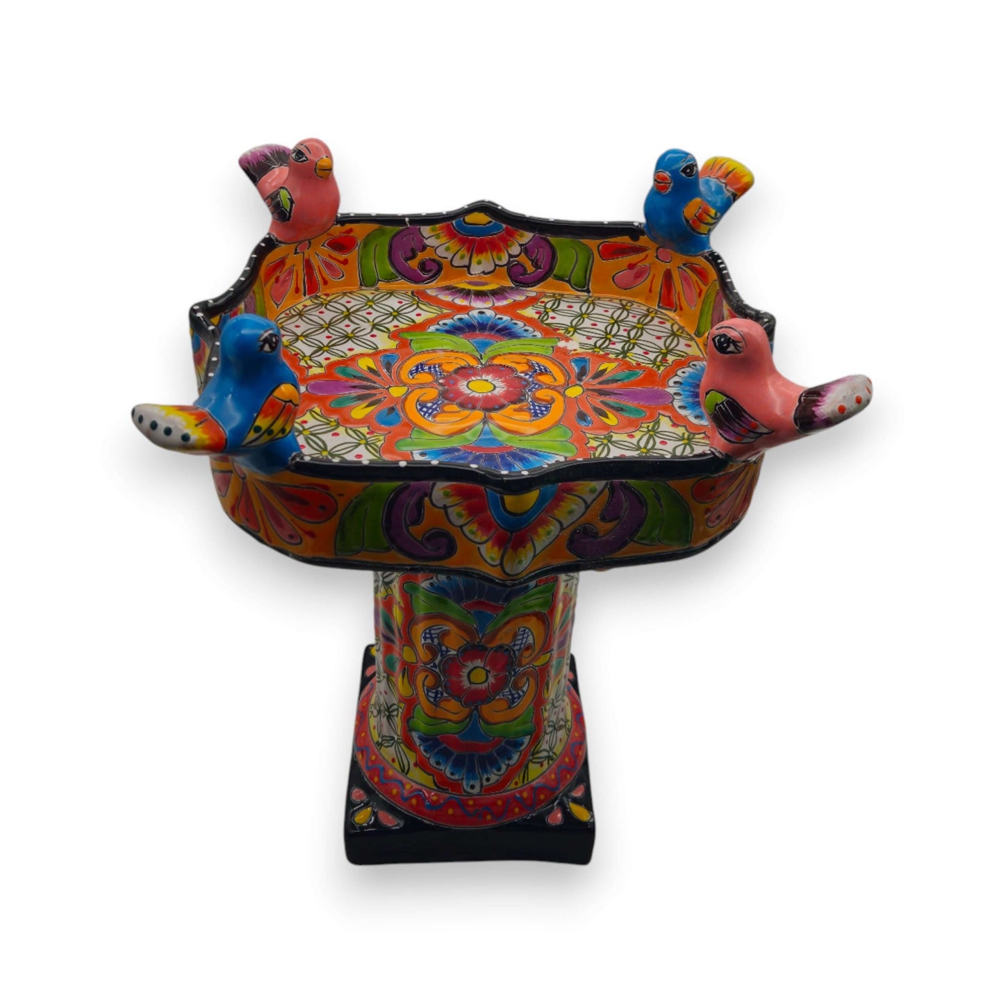 Colorful Talavera Bird Bath | Hand-Painted Ceramic Garden Art showing hand-painted floral motifs and perched ceramic birds on a pedestal