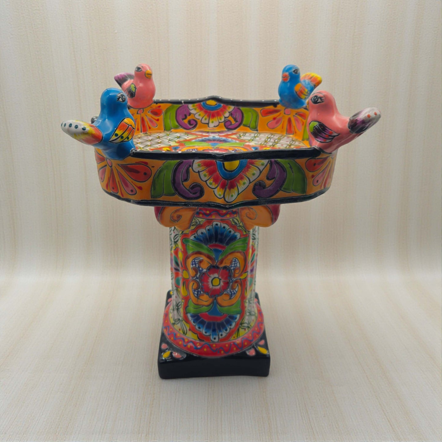 Colorful Talavera Bird Bath | Hand-Painted Ceramic Garden Art - hand-painted Talavera pedestal bird bath with vibrant floral motifs and perched ceramic birds