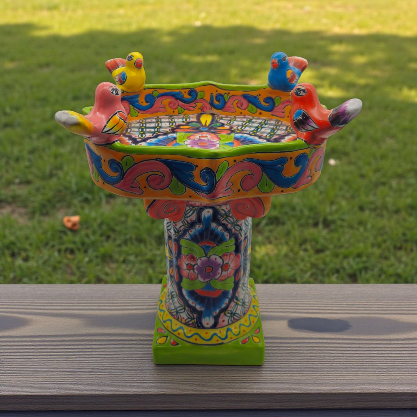 Colorful Talavera Bird Bath | Hand-Painted Ceramic Garden Art with vibrant floral motifs and perched painted birds on pedestal