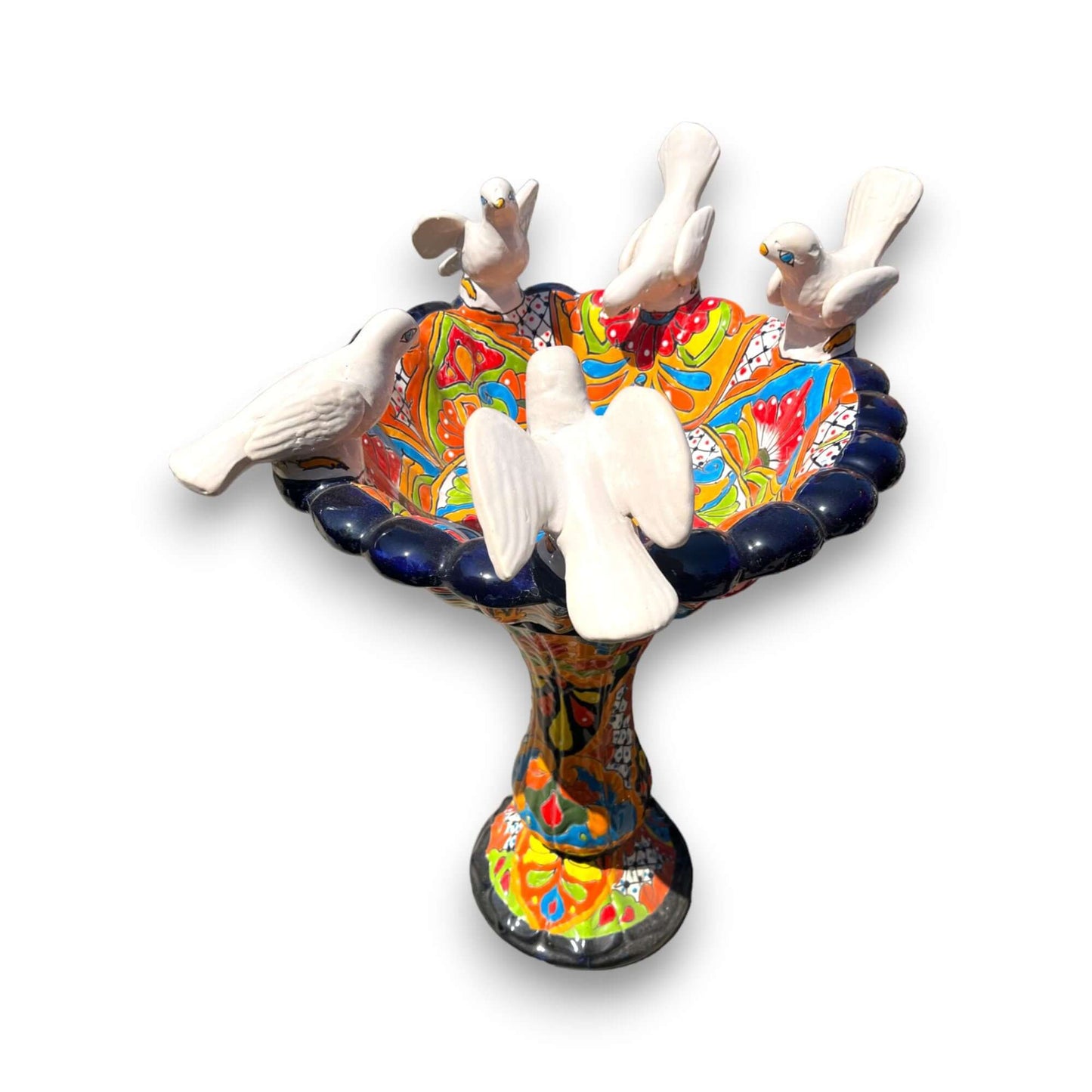 Talavera Bird Bath | Hand-Painted Mexican Pedestal Garden Art - vibrant hand-painted Talavera pedestal with sculpted white birds