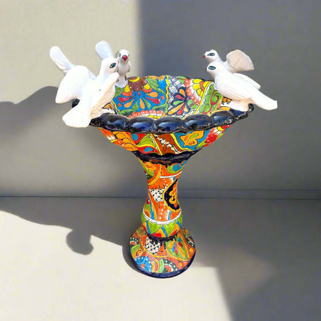 Talavera Bird Bath | Hand-Painted Mexican Pedestal Garden Art - vibrant hand-painted Talavera pedestal with sculpted white birds