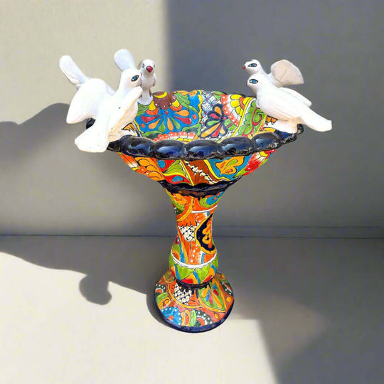Talavera Bird Bath | Hand-Painted Mexican Pedestal Garden Art - vibrant hand-painted Talavera pedestal with sculpted white birds