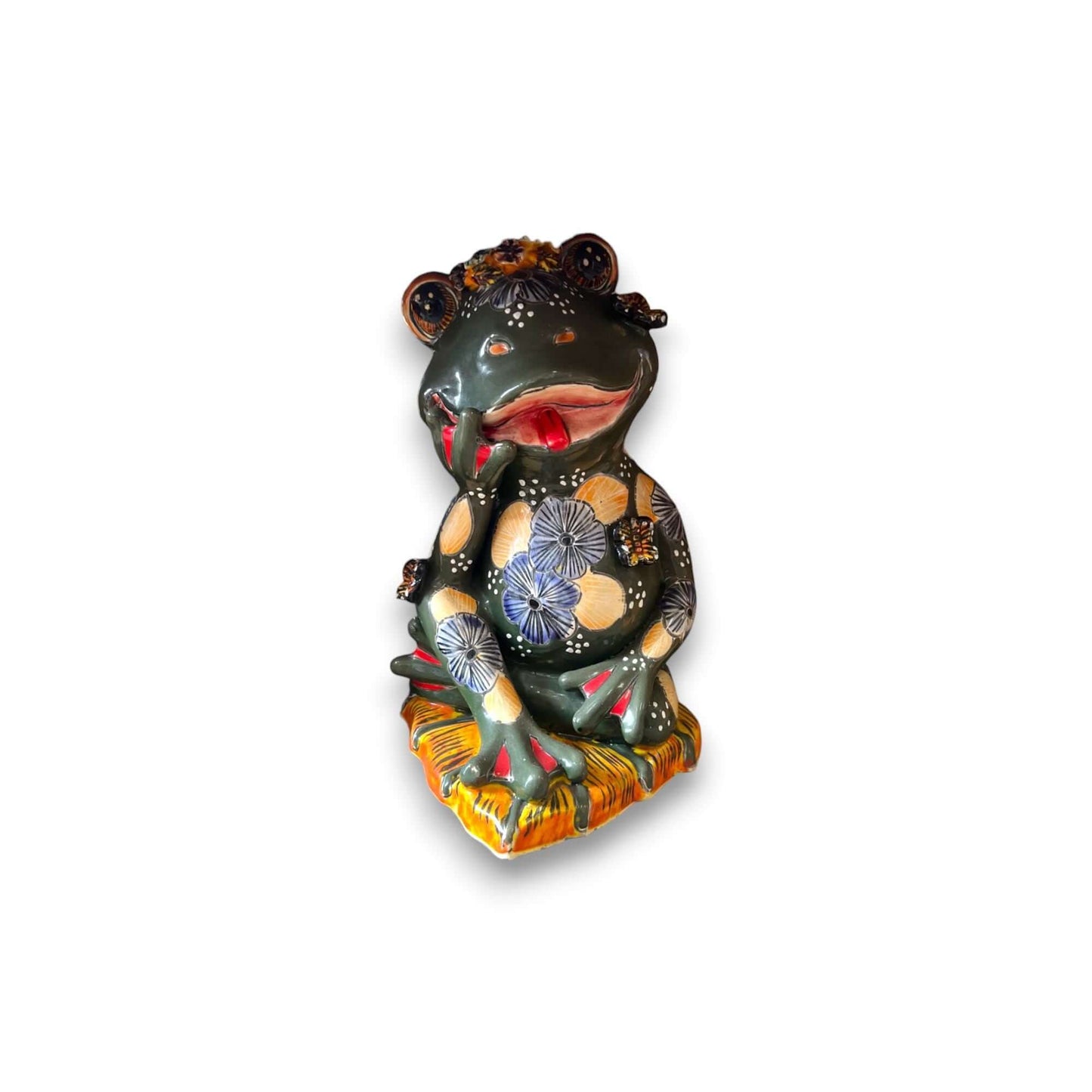 Hand-Painted Talavera Frog Statue | Mexican Ceramic Animal Decor - hand-painted black floral frog on yellow base, kiln-fired lead-free glaze