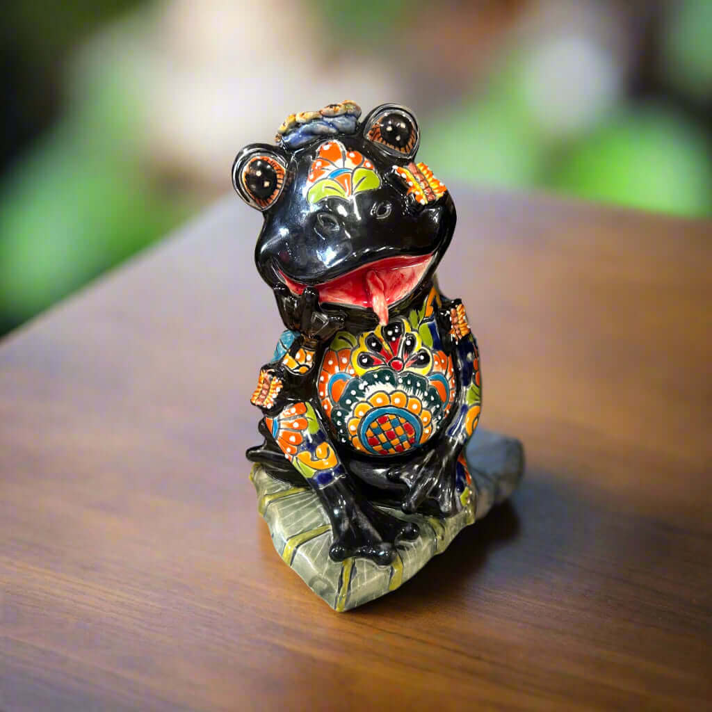 Hand-Painted Talavera Frog Statue | Mexican Ceramic Animal Decor - hand-painted black Talavera frog with colorful floral patterns