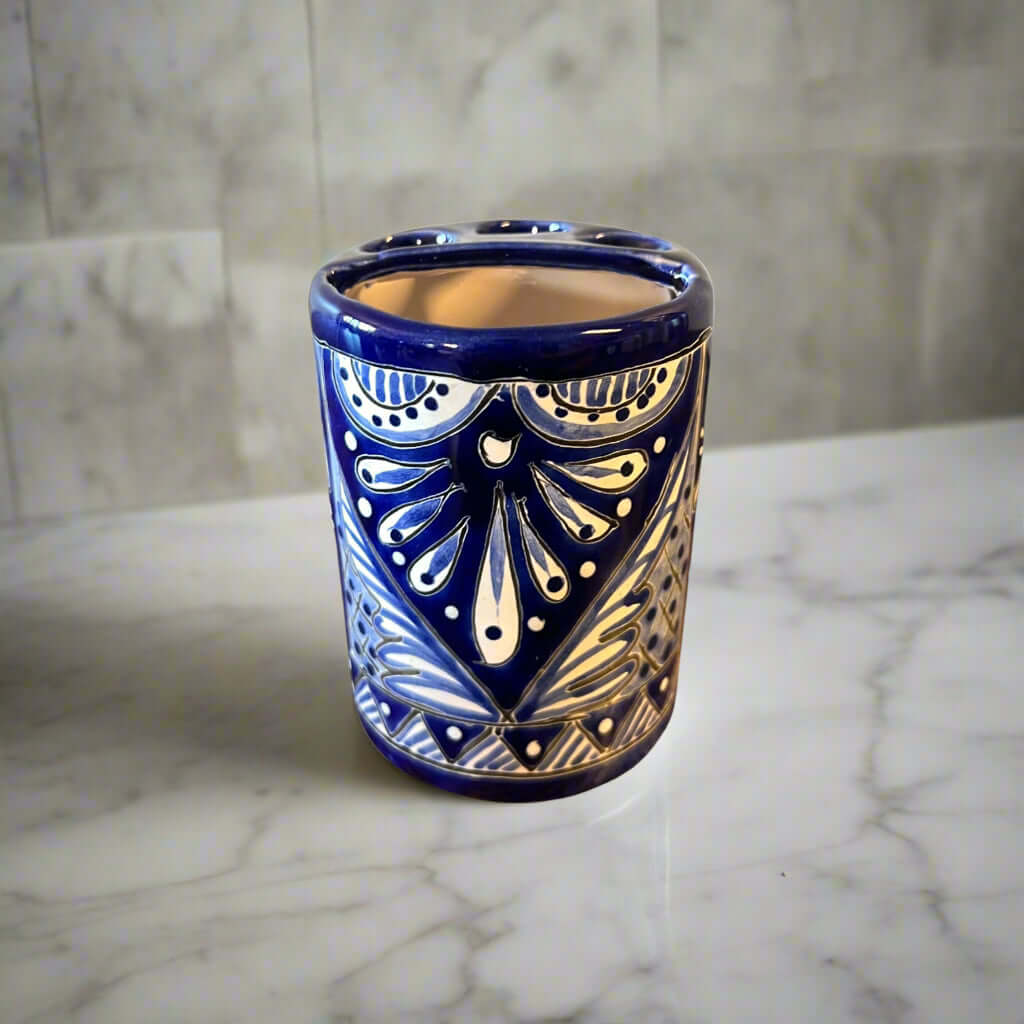 Hand-Painted Talavera Toothbrush Holder | Blue & White Ceramic - hand-painted cobalt blue floral ceramic holder from Guanajuato