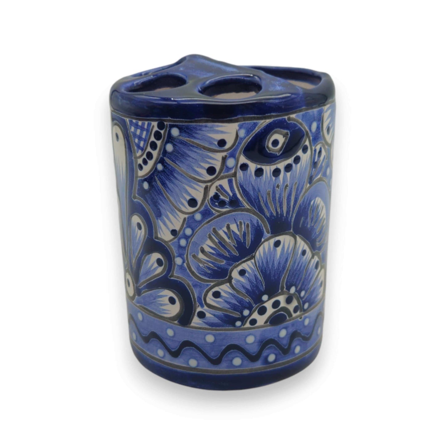 Hand-Painted Talavera Toothbrush Holder | Blue & White Ceramic - hand-painted blue floral ceramic holder from Guanajuato, Mexico