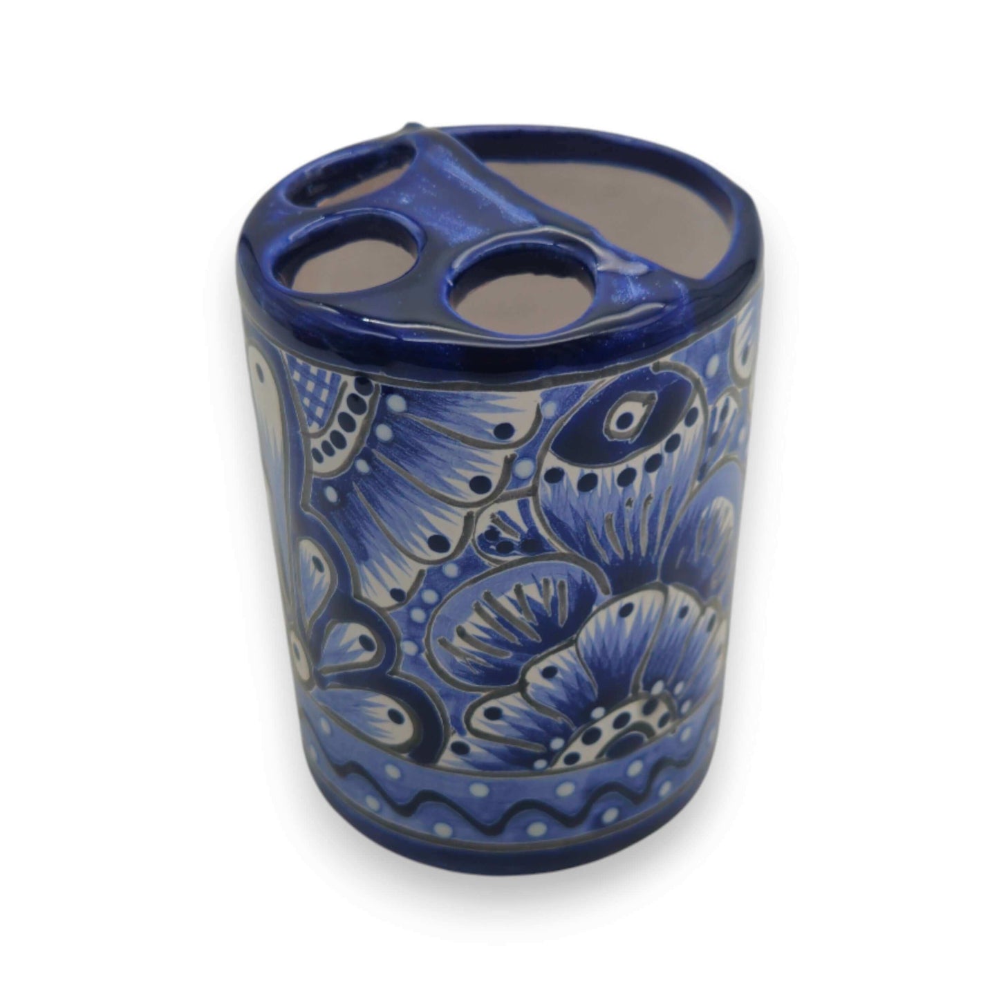Hand-Painted Talavera Toothbrush Holder | Blue & White Ceramic - hand-painted cobalt floral ceramic toothbrush holder from Guanajuato, Mexico