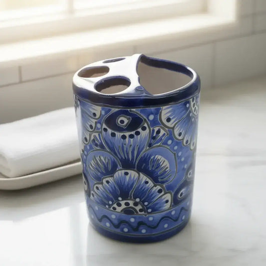 Hand-Painted Talavera Toothbrush Holder | Blue & White Ceramic - hand-painted blue and white Talavera ceramic toothbrush holder with floral motifs