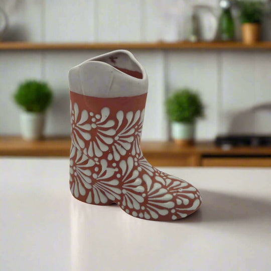 Talavera Boot Planter | Hand-Painted Mexican Pottery Accent hand-painted brown boot planter with white floral patterns
