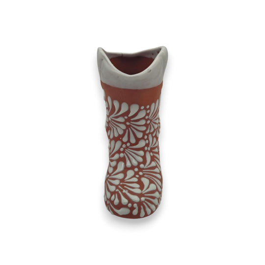 Talavera Boot Planter | Hand-Painted Mexican Pottery Accent - hand-painted brown boot-shaped planter with white floral pattern, kiln-fired, lead-free glaze